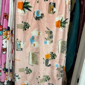 Cute Pink Cat and Plant Blanket